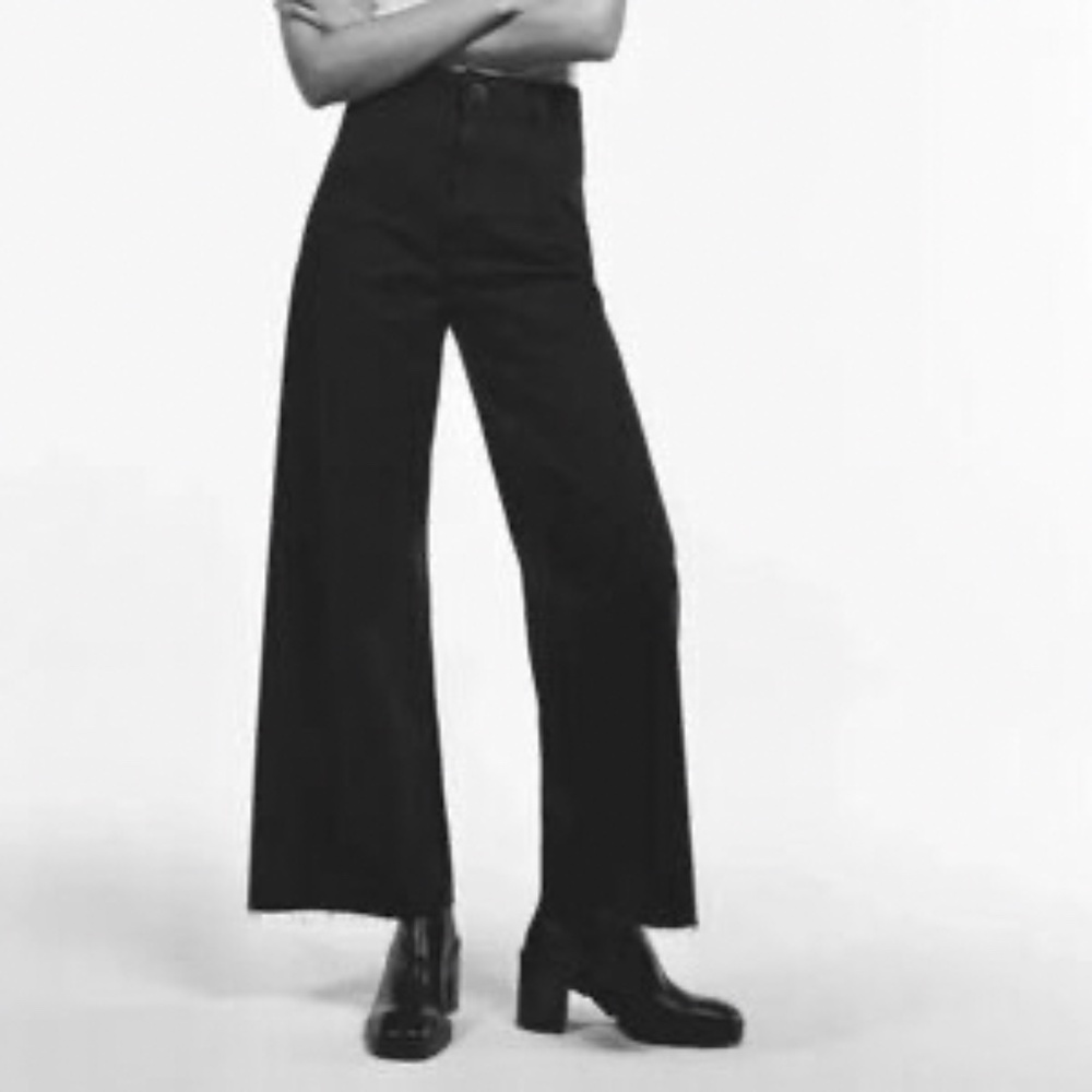 NWT Zara The Marine Straight Pants Cream Twill High Rise Wide Leg Black 0